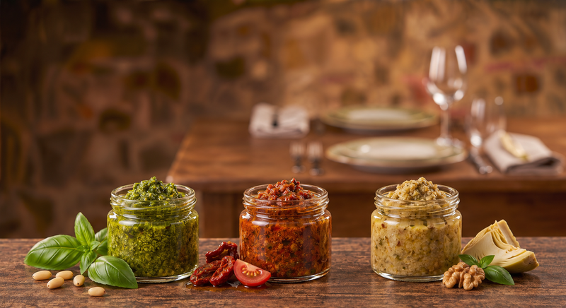 Pesto-Auswahl in neutralen Gläsern vor warmer italienischer Restaurantkulisse