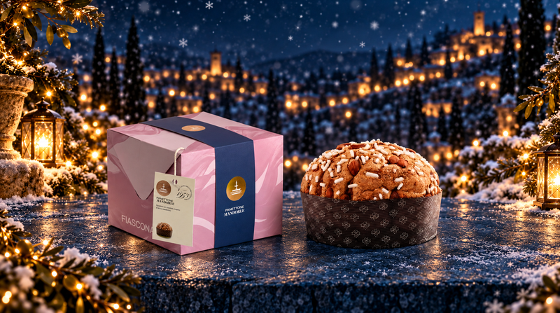 Fiasconaro Weihnachts-Panettone vor winterlicher italienischer Kulisse