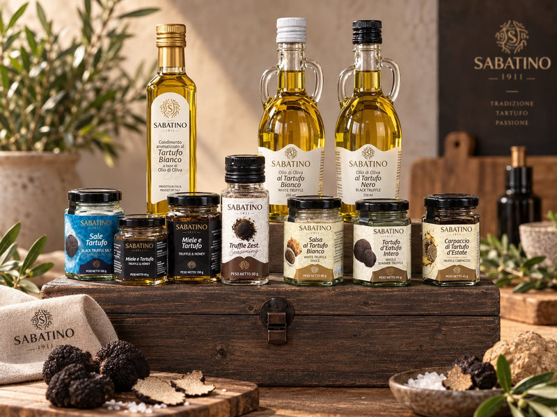 Auswahl italienischer Sabatino Trüffelspezialitäten mit Ölen, Soßen, Honig und Trüffelprodukten