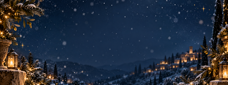Winterliche italienische Weihnachtslandschaft in Dunkelblau mit Schneeflocken und goldenen Lichtern