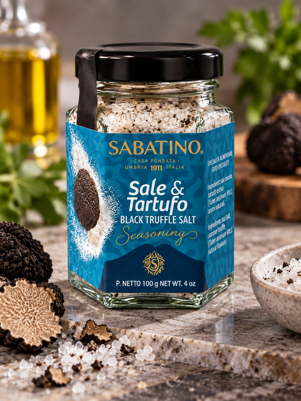 Sabatino schwarzes Trüffelsalz 100 g mit schwarzem Trüffel als Servieridee