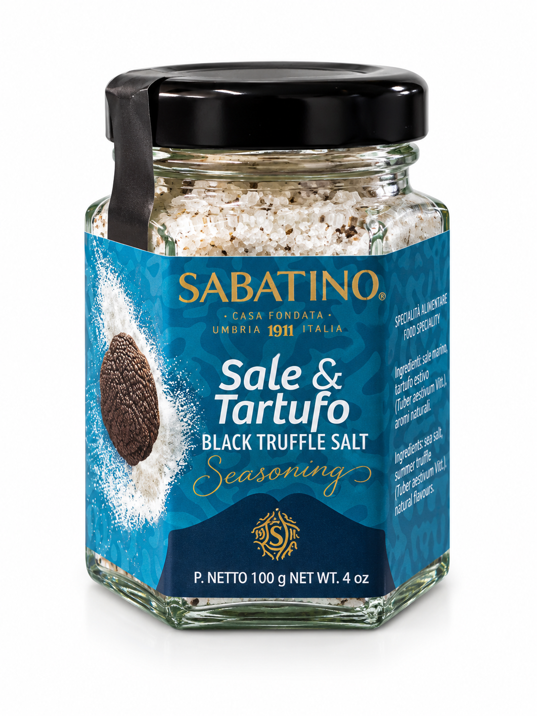 Sabatino schwarzes Trüffelsalz 100 g im Glas auf weißem Hintergrund
