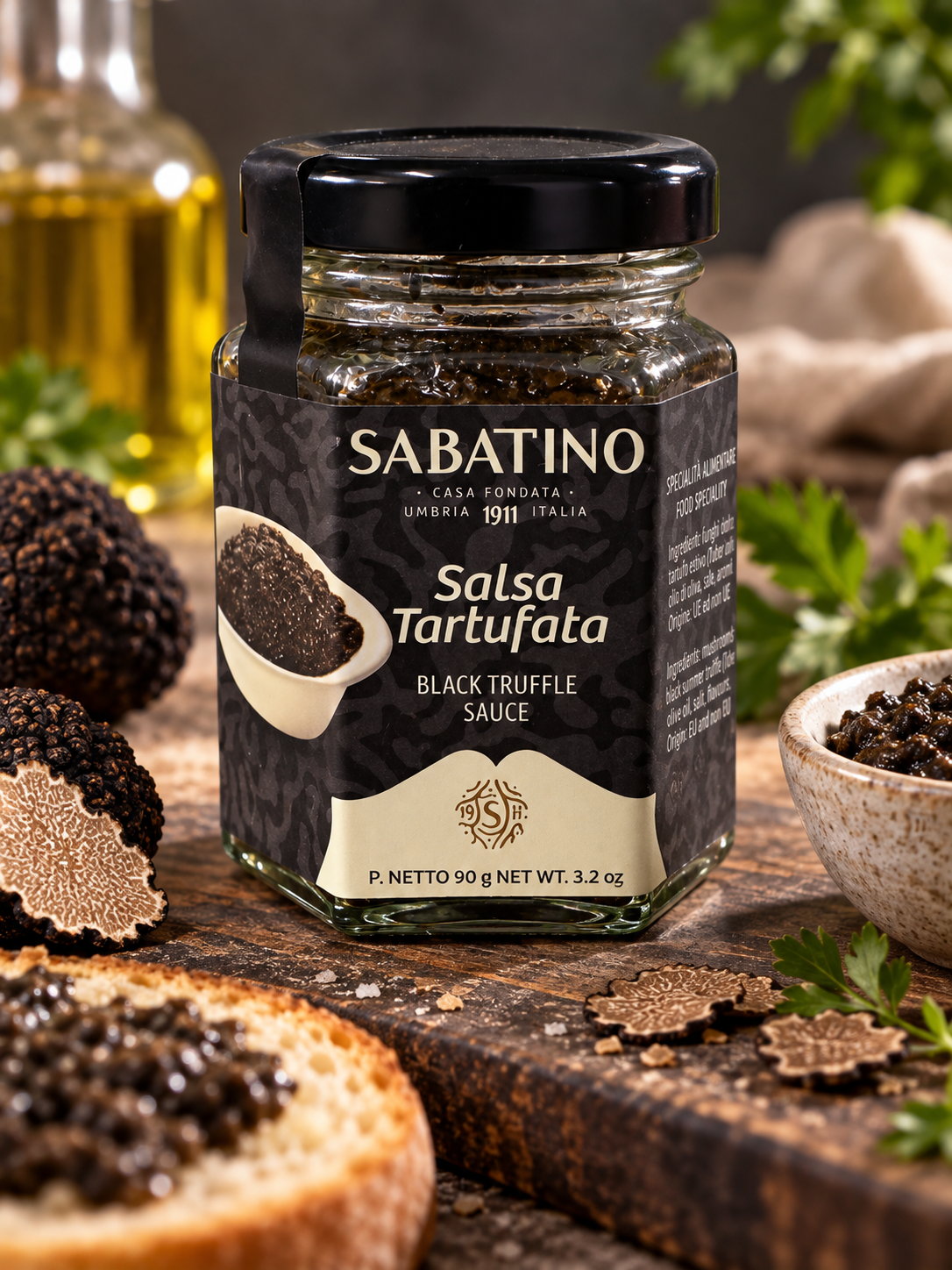 Sabatino schwarze Trüffelsoße 90 g als Servieridee im italienischen Ambiente
