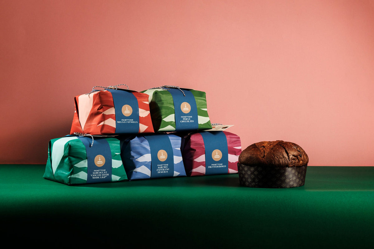 Fiasconaro Panettone Aprikose und Modica-Schokolade IGP 1 kg – Sortiment mit Produktanschnitt
