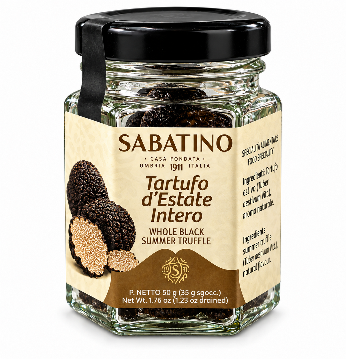 Sabatino ganzer schwarzer Sommertrüffel 50 g im Glas auf weißem Hintergrund