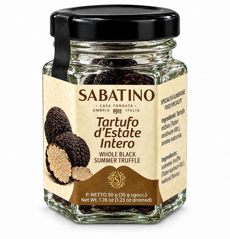Sabatino ganzer schwarzer Sommertrüffel 50 g im Glas auf weißem Hintergrund