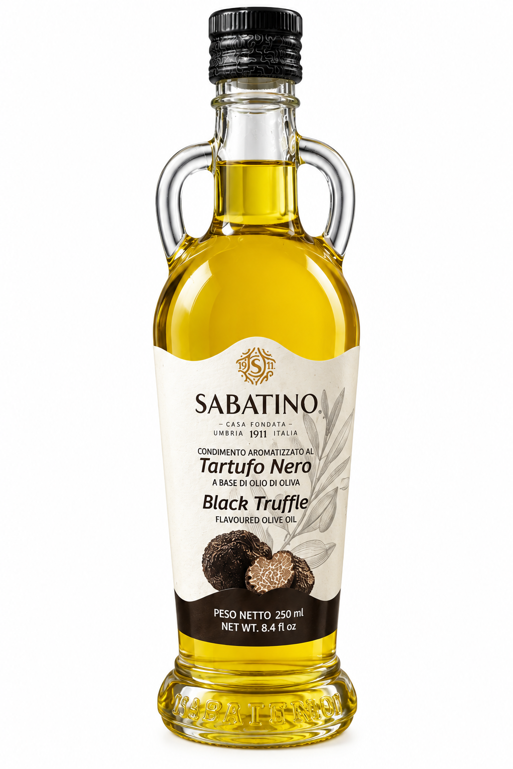 Sabatino Olivenöl mit schwarzem Trüffelaroma 250 ml in Amphorenflasche auf weißem Hintergrund