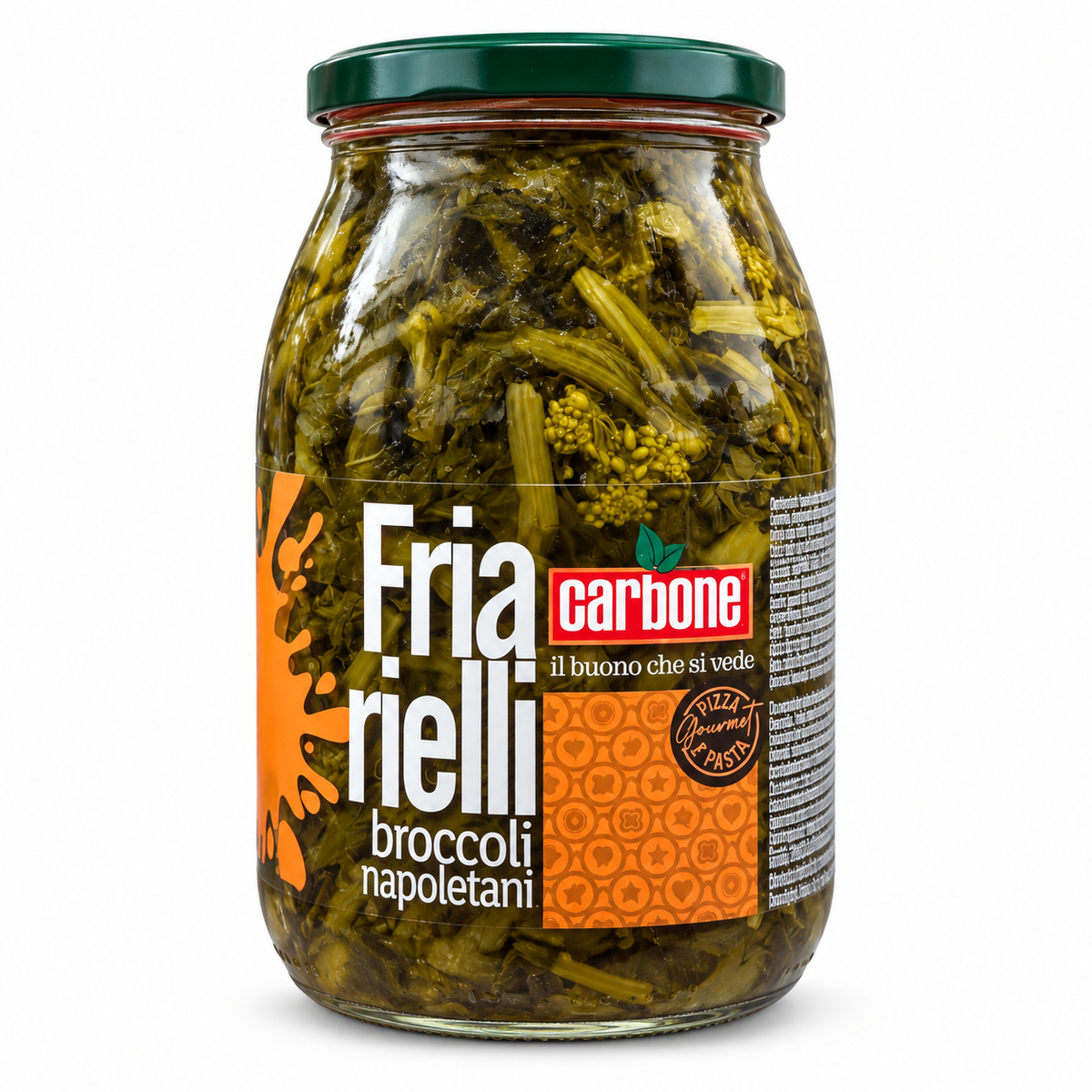 Carbone Friarielli Broccoli Napoletani, 950-g-Glas mit grünem Deckel, vor weißem Hintergrund