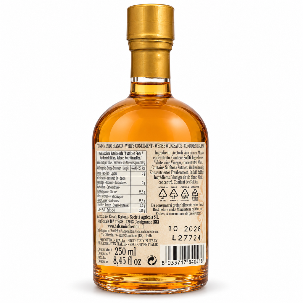 Condimento Bianco Bertoni 250 ml – Rückseite mit Zutaten und Nährwertangaben
