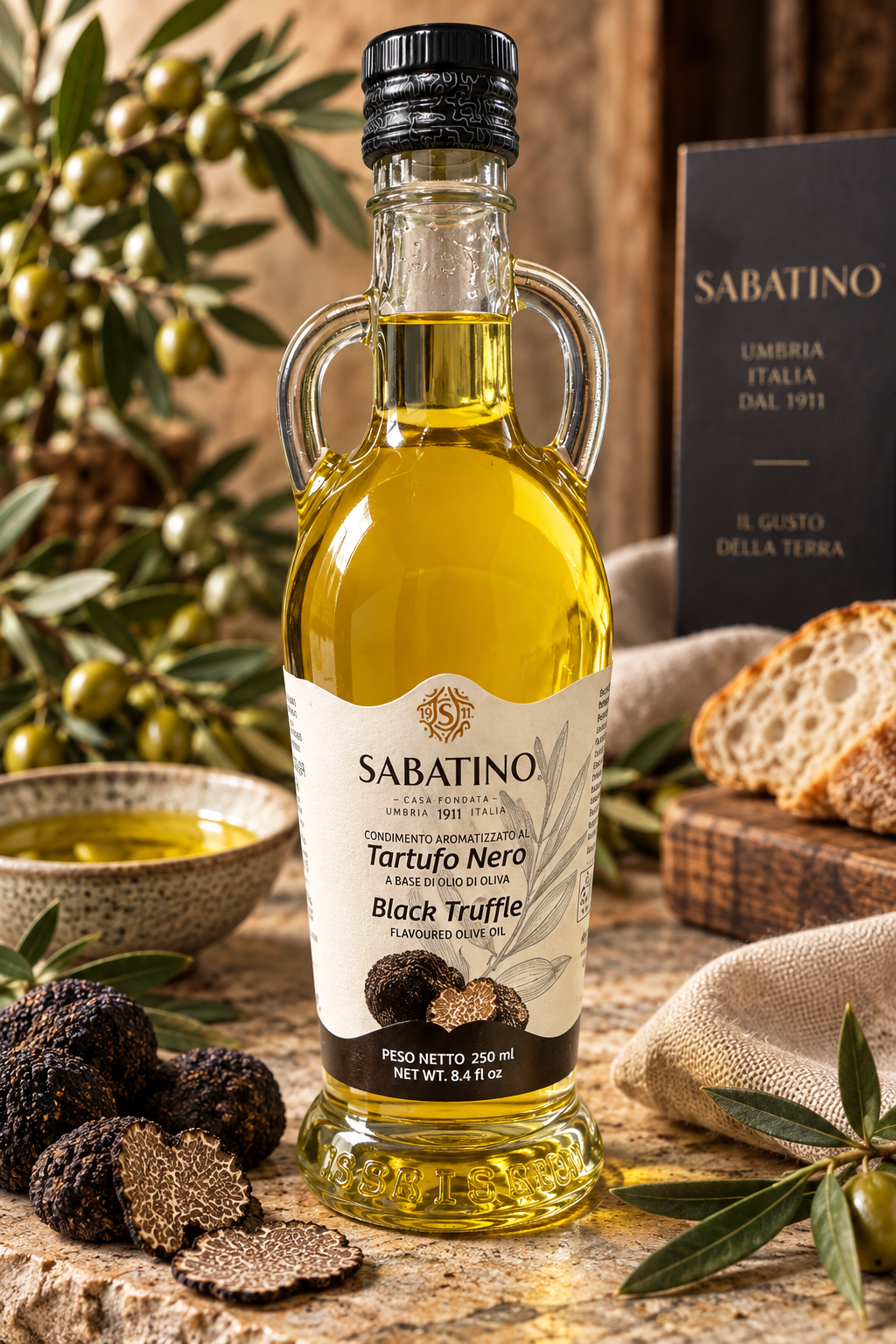 Sabatino schwarzes Trüffelaroma-Öl 250 ml in Amphorenflasche im italienischen Ambiente