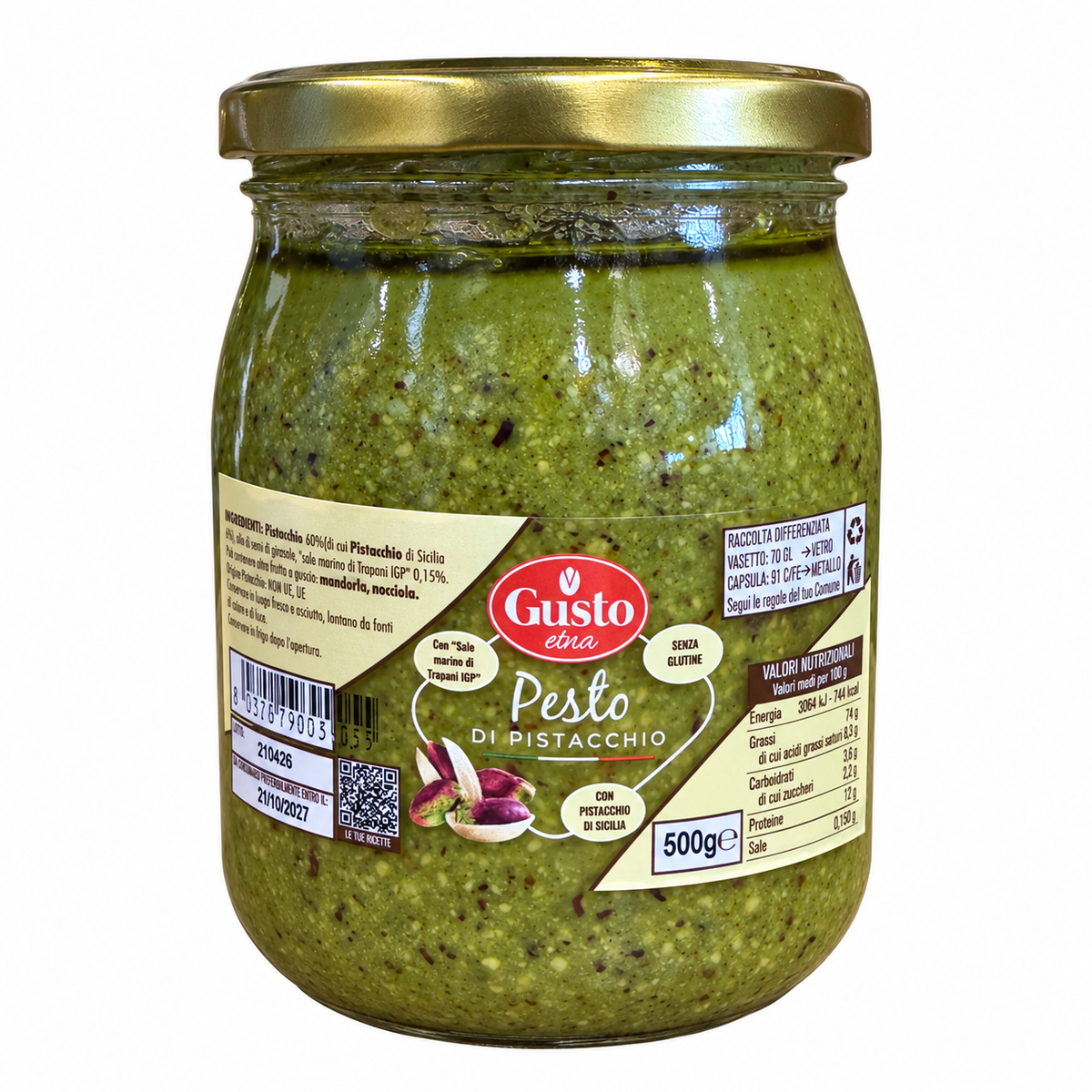 Gusto Etna Pesto di Pistacchio 500 g – Pistazienpesto im Glas auf weißem Hintergrund