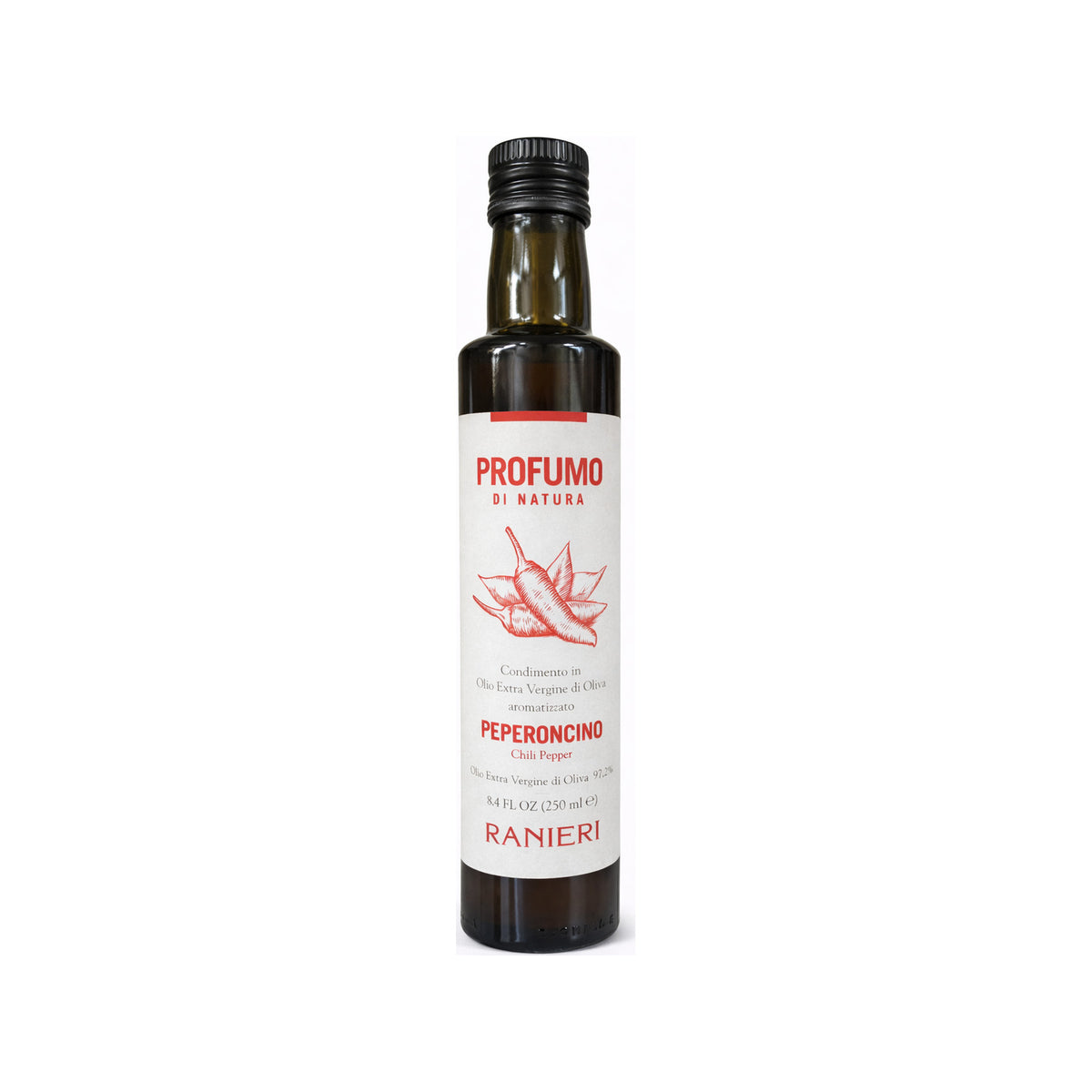 Ranieri Chiliöl „Profumo di Natura“ – Natives Olivenöl Extra mit Chili (Peperoncino), 250 ml – Produktabbildung vor weißem Hintergrund