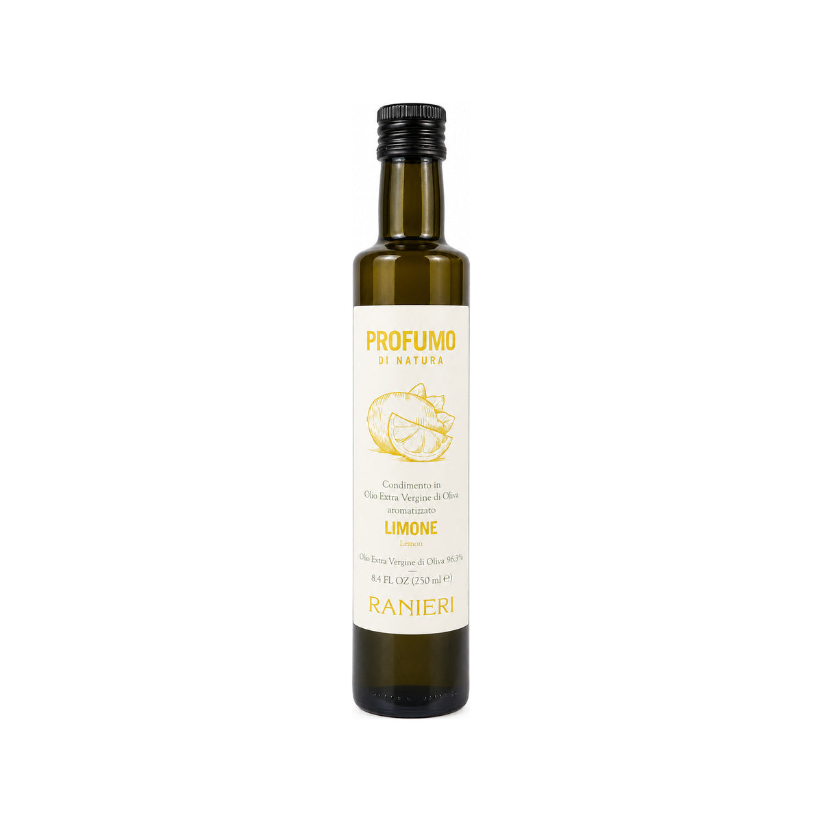 Ranieri Zitronenöl „Profumo di Natura“ – Natives Olivenöl Extra mit Zitrone, 250 ml – Produktabbildung vor weißem Hintergrund