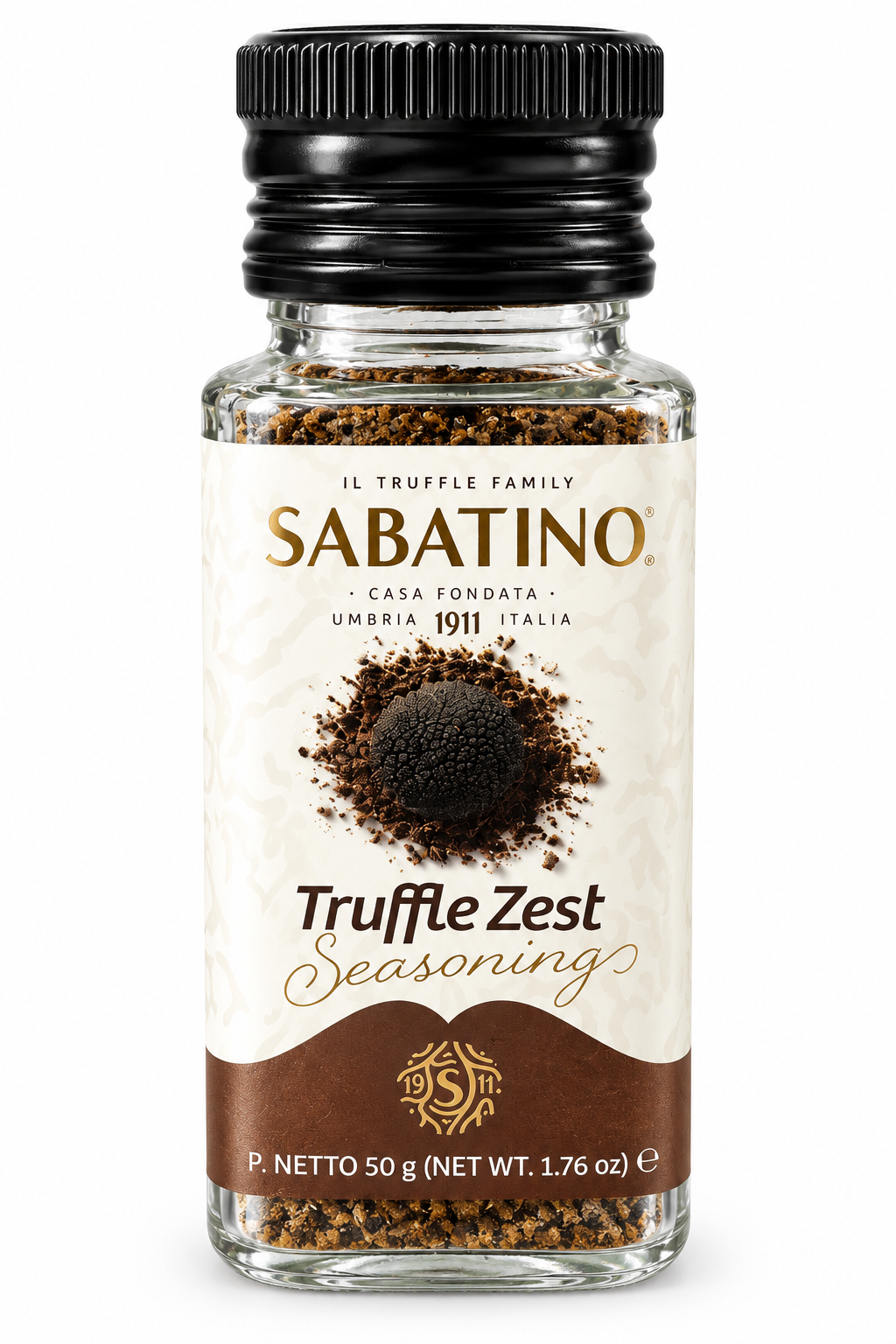 Sabatino Truffle Zest Würzmischung mit schwarzem Sommertrüffel 50 g auf weißem Hintergrund
