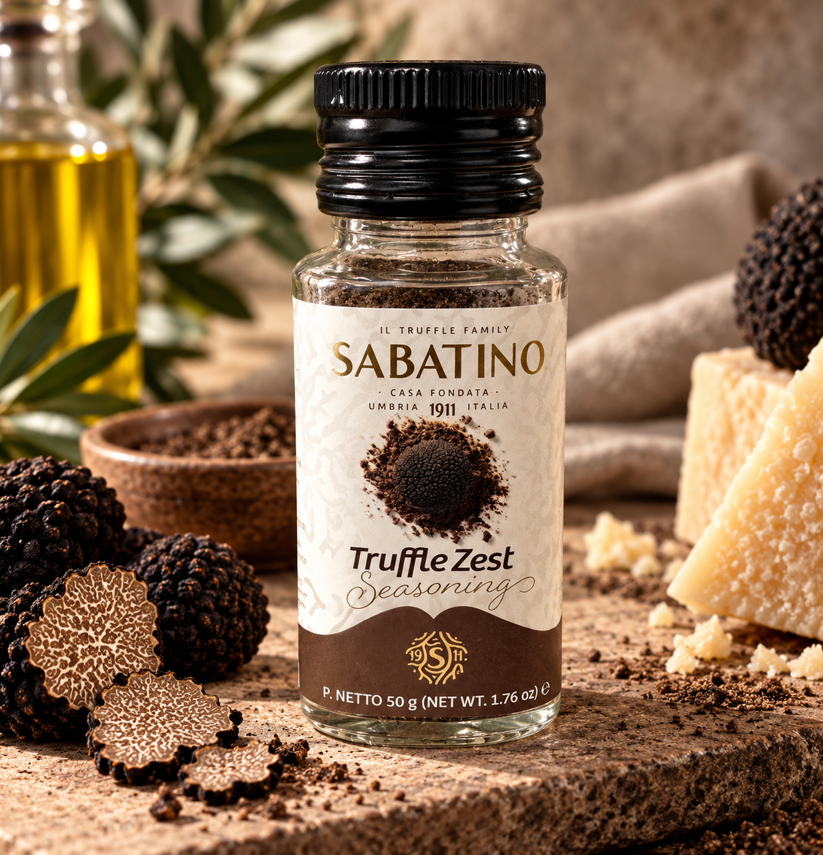 Sabatino Truffle Zest 50 g mit Trüffel und Käse als Servieridee