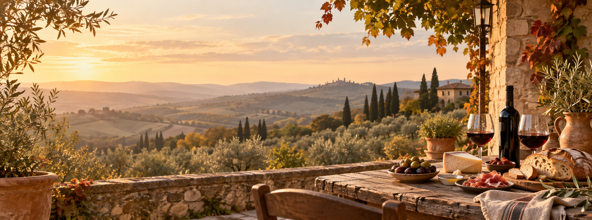 Herbstliche Toskana-Terrasse mit italienischem Wein und Feinkost