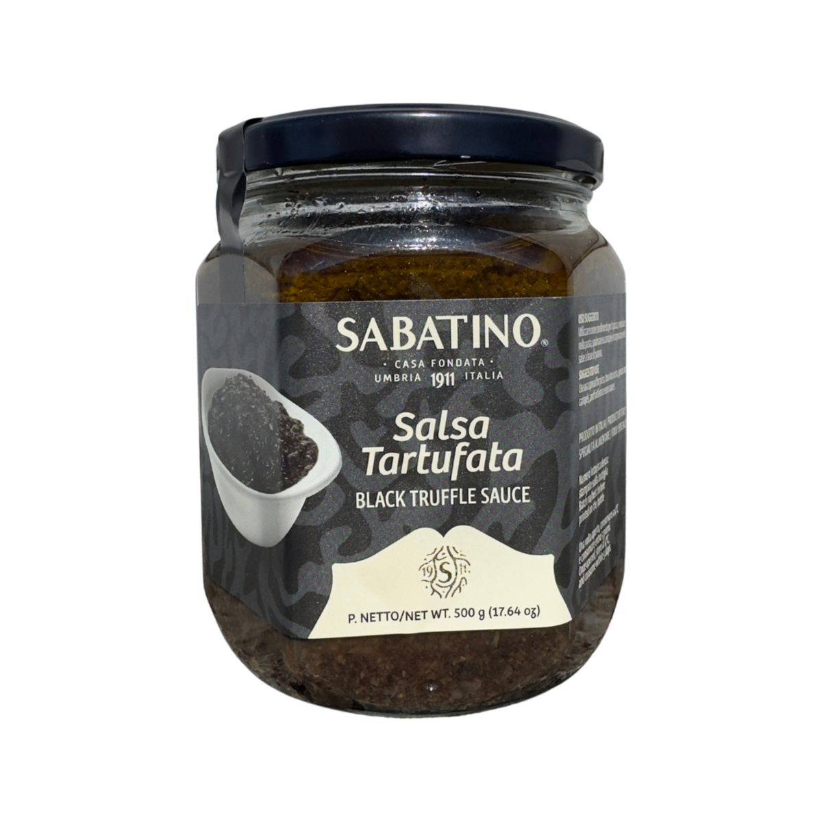 Sabatino Salsa Tartufata schwarze Trüffelsoße 500 g auf weißem Hintergrund