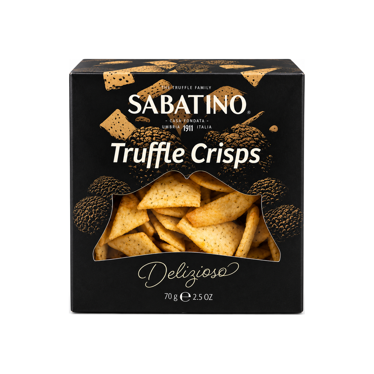 Sabatino Truffle Crisps 70 g – Verpackung vor weißem Hintergrund 