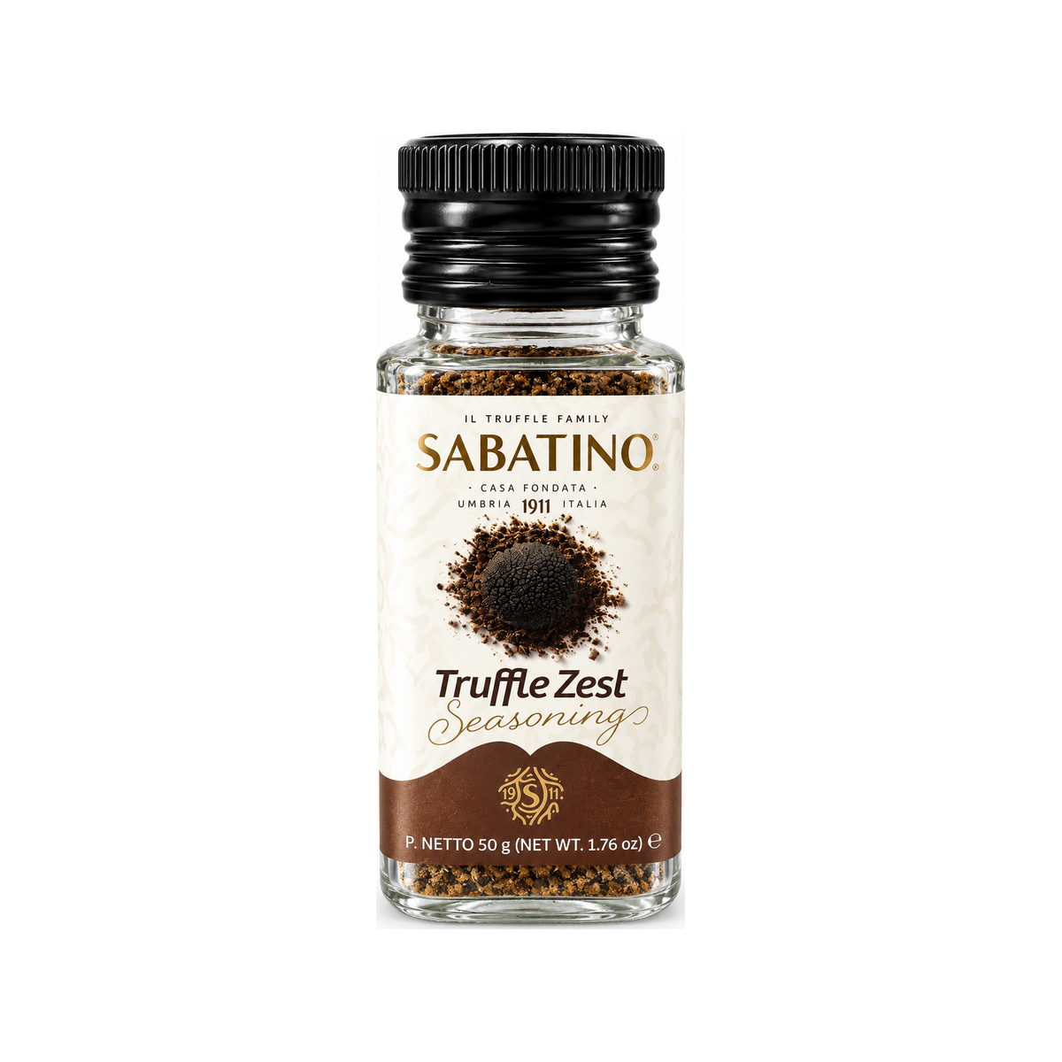 Sabatino Truffle Zest Würzmischung mit schwarzem Sommertrüffel 50 g auf weißem Hintergrund