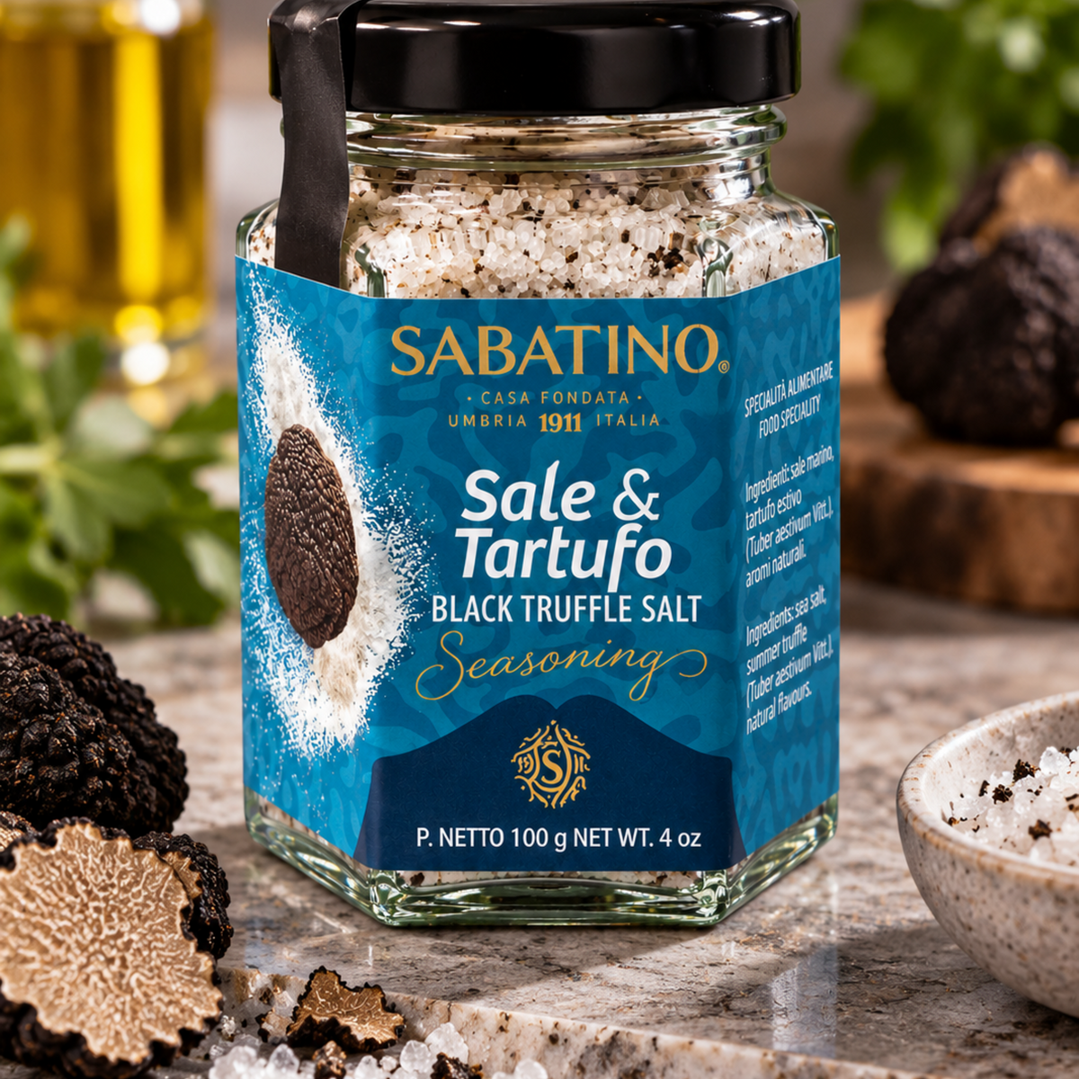 Sabatino schwarzes Trüffelsalz 100 g mit schwarzem Trüffel als Servieridee